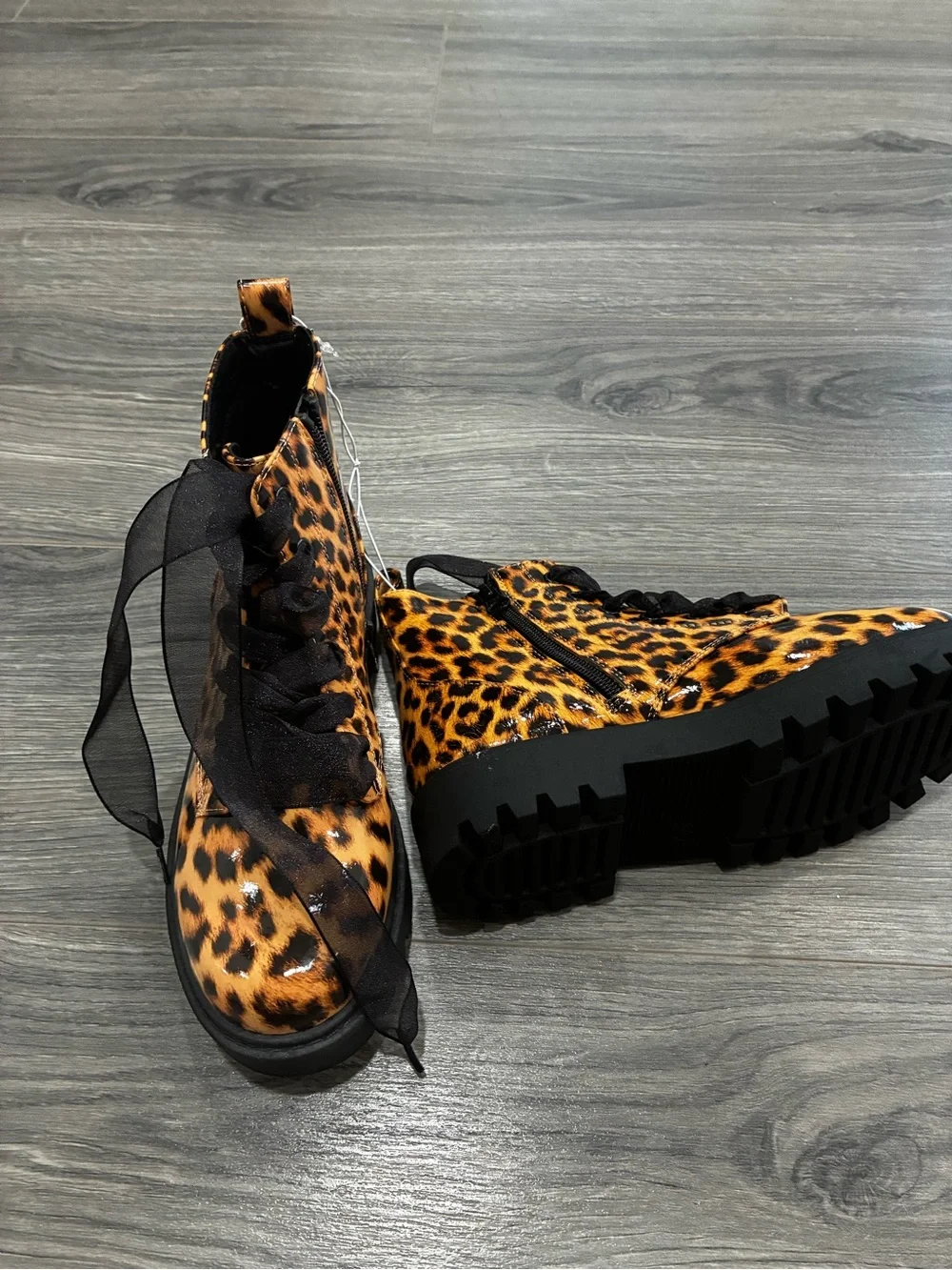 Leopard Print Lace-Up Ankle Boots - Girls